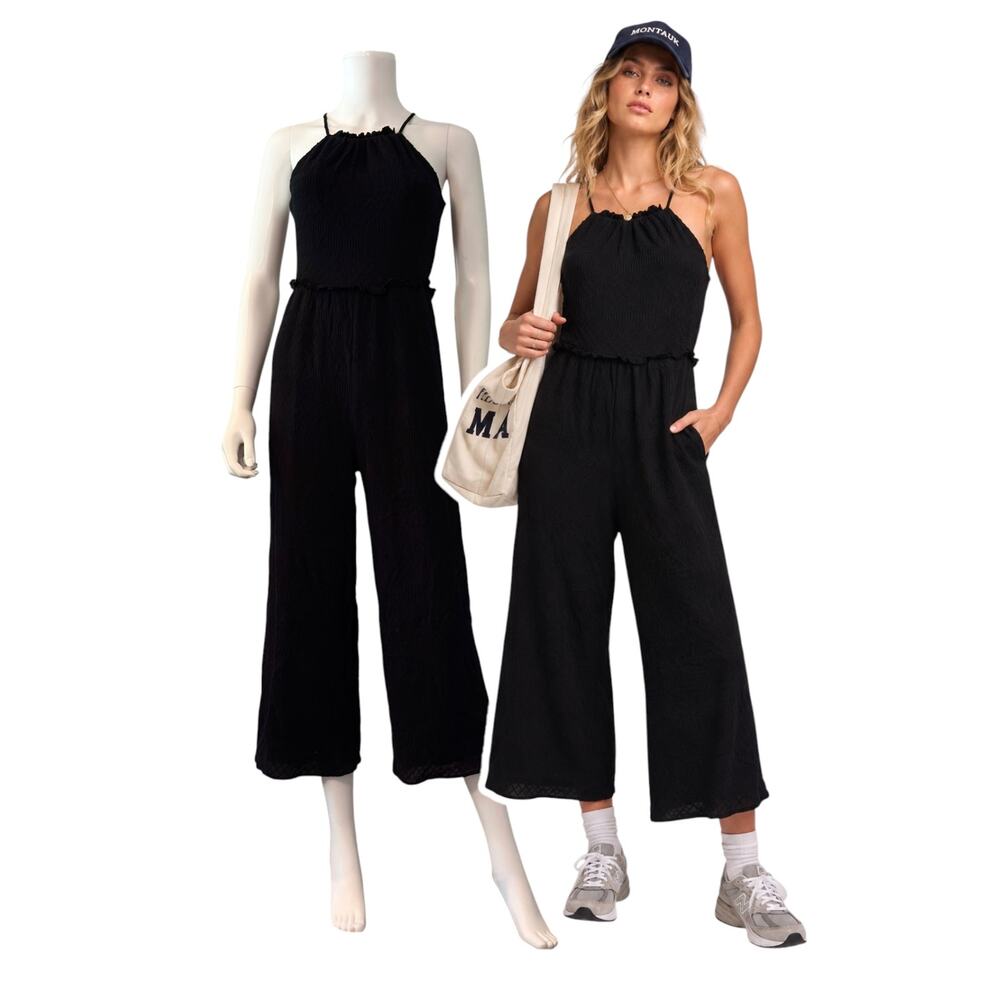 Ali & Jay Black Gauze Jumpsuit S/M 1-Piece High Neck Crop Wide Leg Boho Cruise